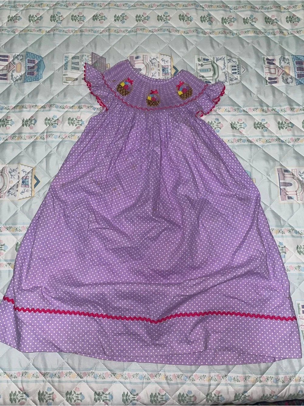 Girls Lavender Polka Dot Smocked Dress with Cupcake Detail